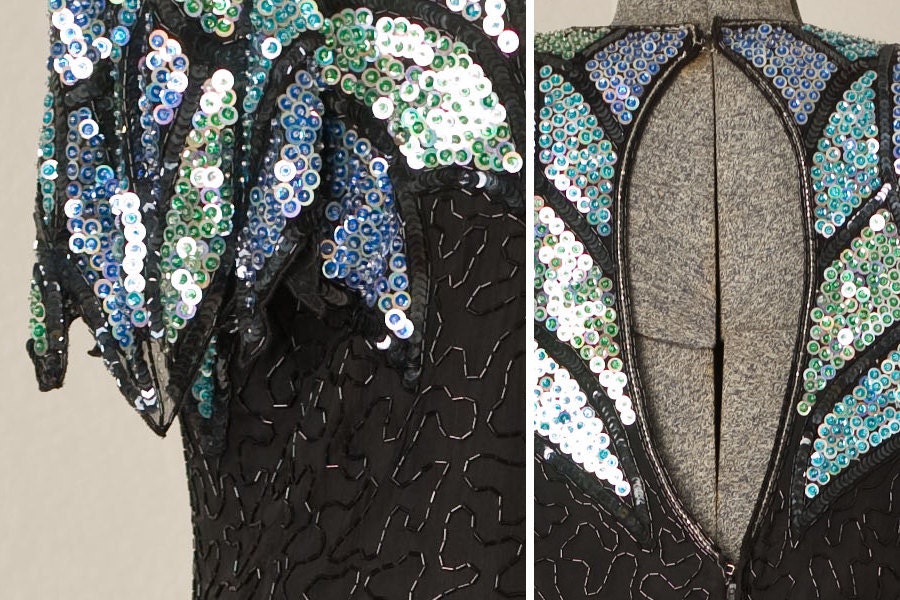 S A L E /// Womens 1980s Vintage Black Sequin Party Dress // Large