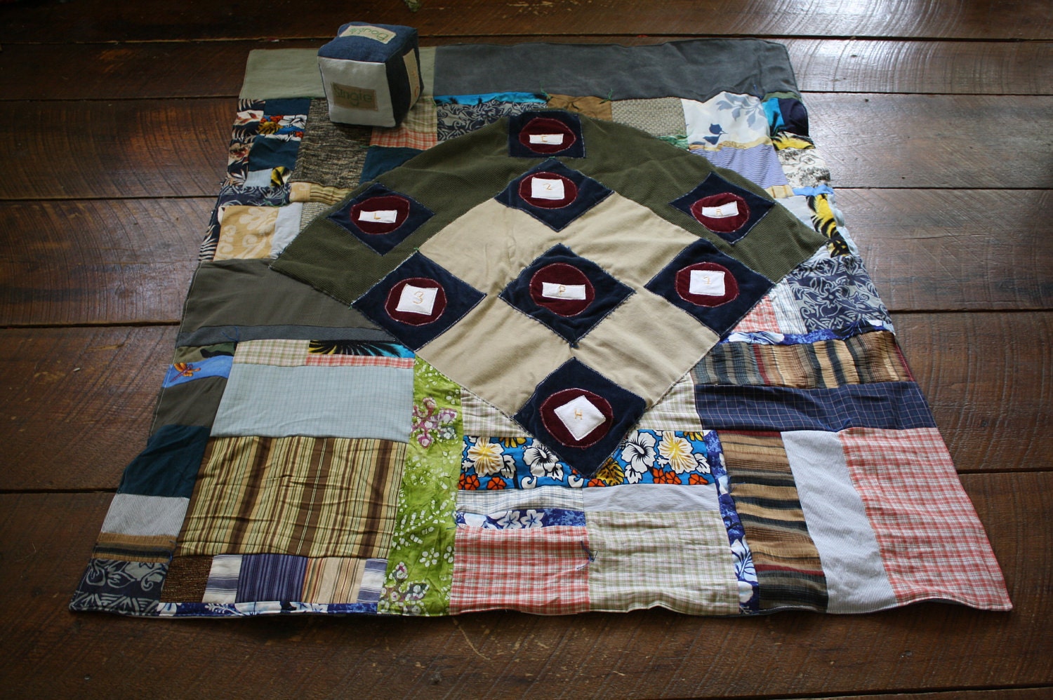 Eco Friendly Educational Tummy Time Quilt, Picnic blanket, Baseball game, Playmat, Upcycled Denim patchwork Quilt