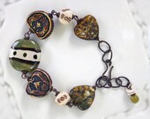 Tribal Bracelet, Kazuri Bracelet, Rustic Bracelet, Beaded, Green Brown, Beadwork Bracelet