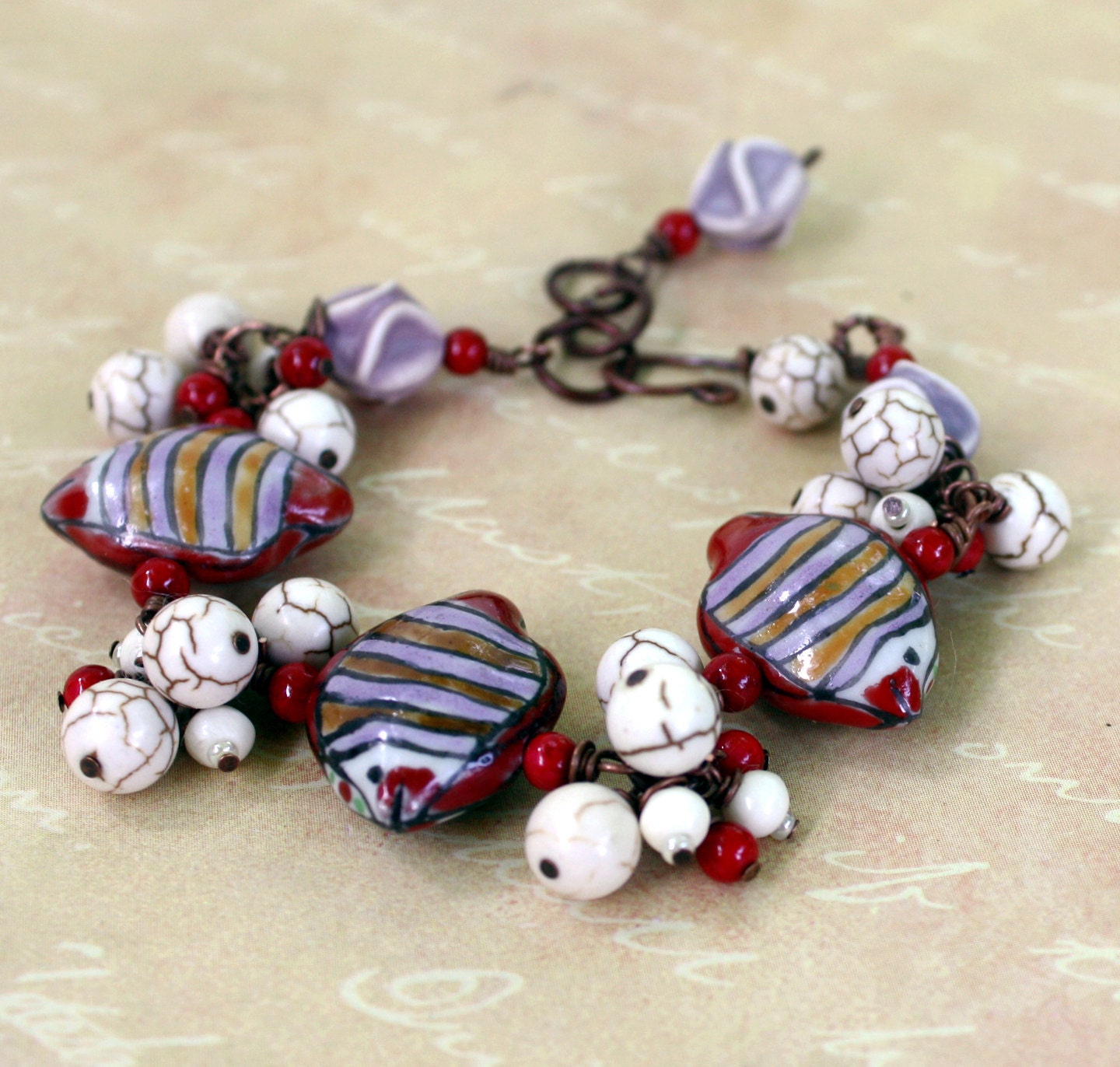 Fish Bracelet, Red Bracelet, Lavender Beaded Bracelet, Beadwork Bracelet