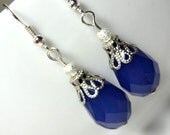 Blue Earrings Dangle from Silver Placed Hooks or Clip Ons - Topped with Silver Colored Filigree Cap