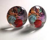 Glass Post Earrings - Glass Cabochons - Steampunk Clock Parts Image with Red Tulip Flower with Comforting Earnuts for Support