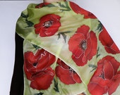 Hand painted Womens silk scarf red poppies on light green background natural silk FREE SHIPPING