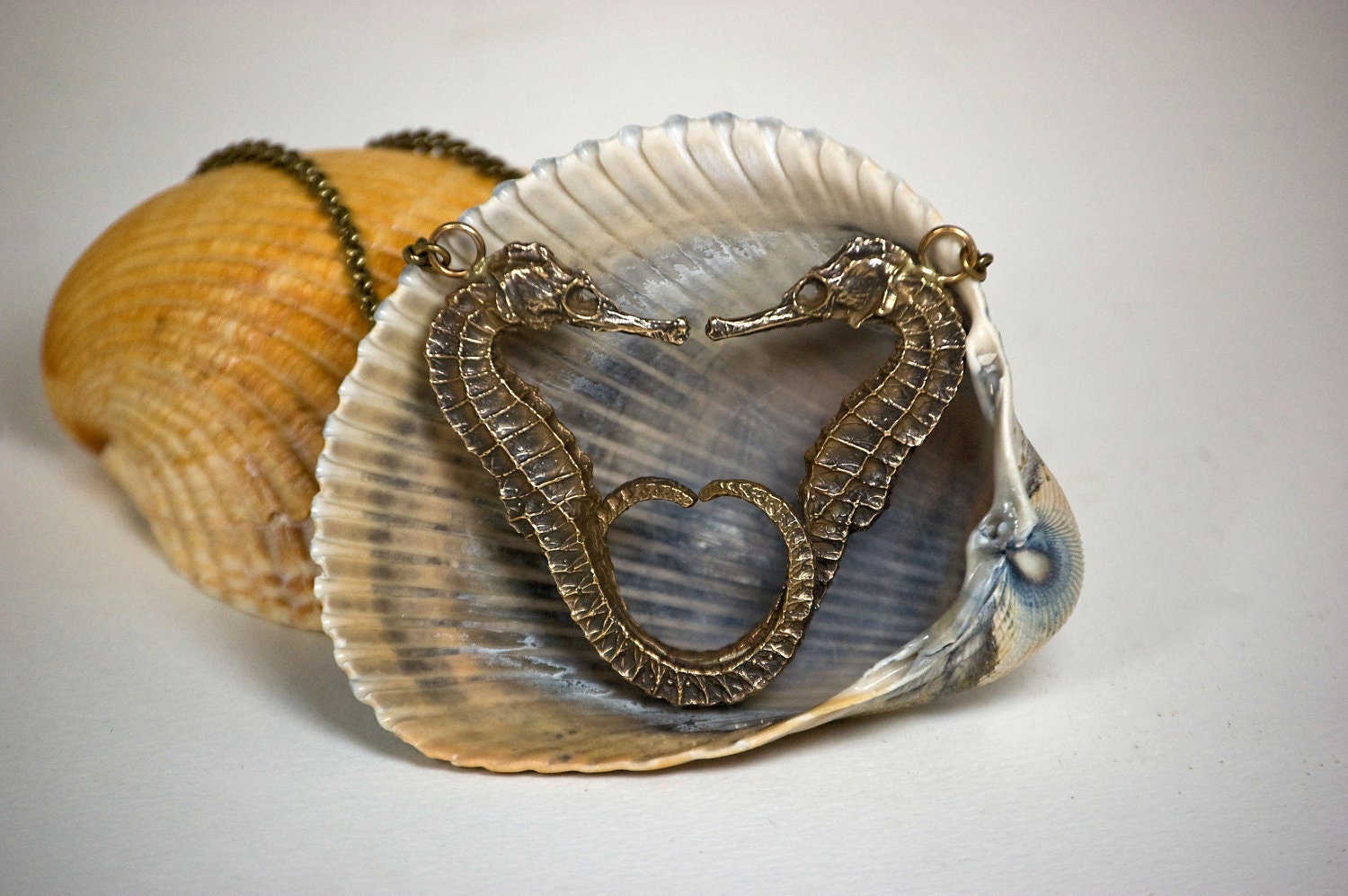 Nautical Art Necklace -Intertwining Seahorses in Cast Bronze