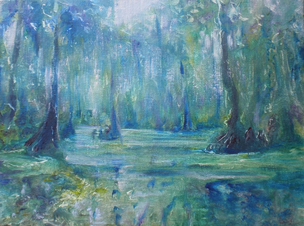Oil painting original landscape of swamp - plein air impressionist cypress trees bayou art