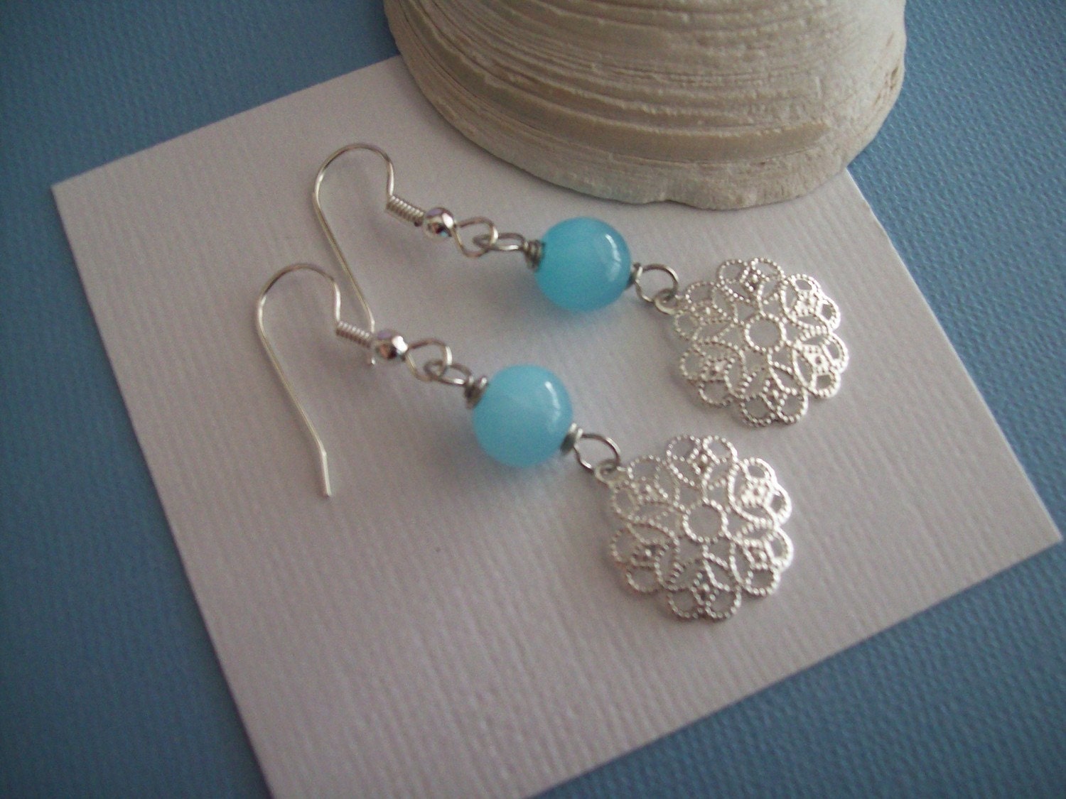 Blue Cat's Eye Glass . Silver Filigree Flowers . Earrings