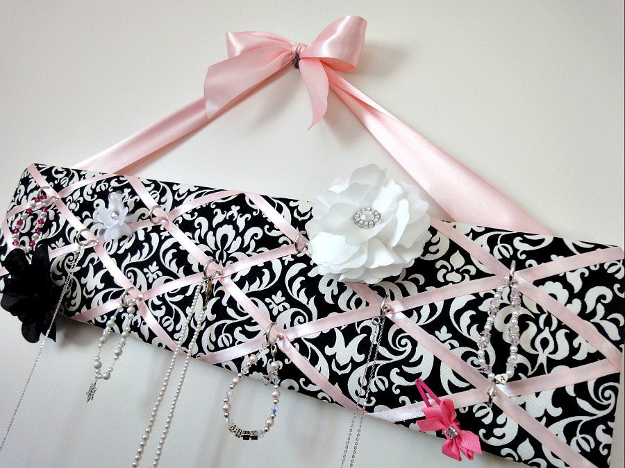 Girls Original French Jewelry Hanger - DeLux - Black and Cream Damask with Pink Bow - READY TO SHIP