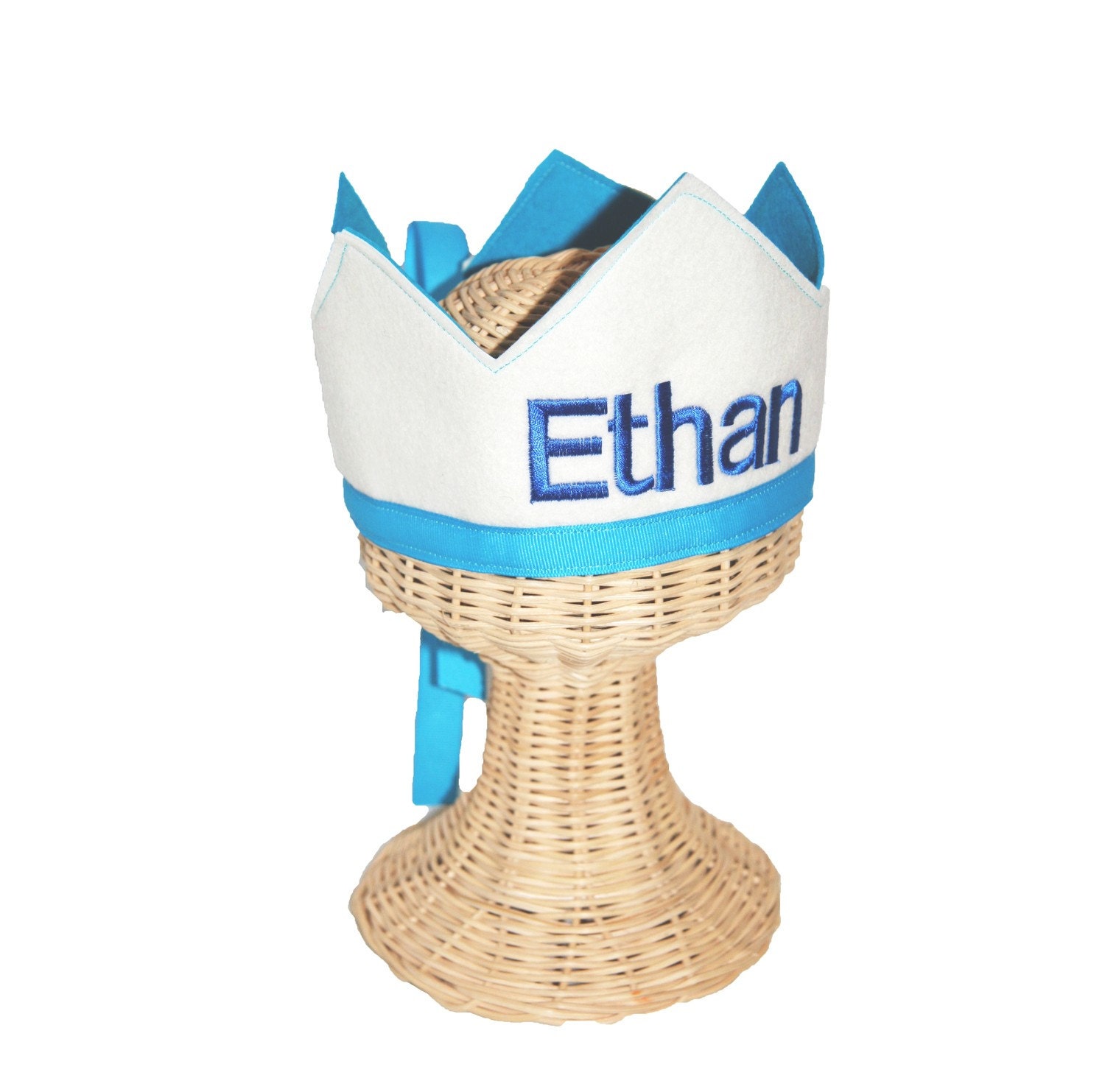 Wool Felt One Panel Name Embroidered Crown - White and Turquoise