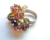 Crystal Cluster Ring, Topaz, Perfect Autumn Ring, Peridot,  Green & Brown, Etched Sterling Silver Ring Size 6, DRASTICALLY REDUCED