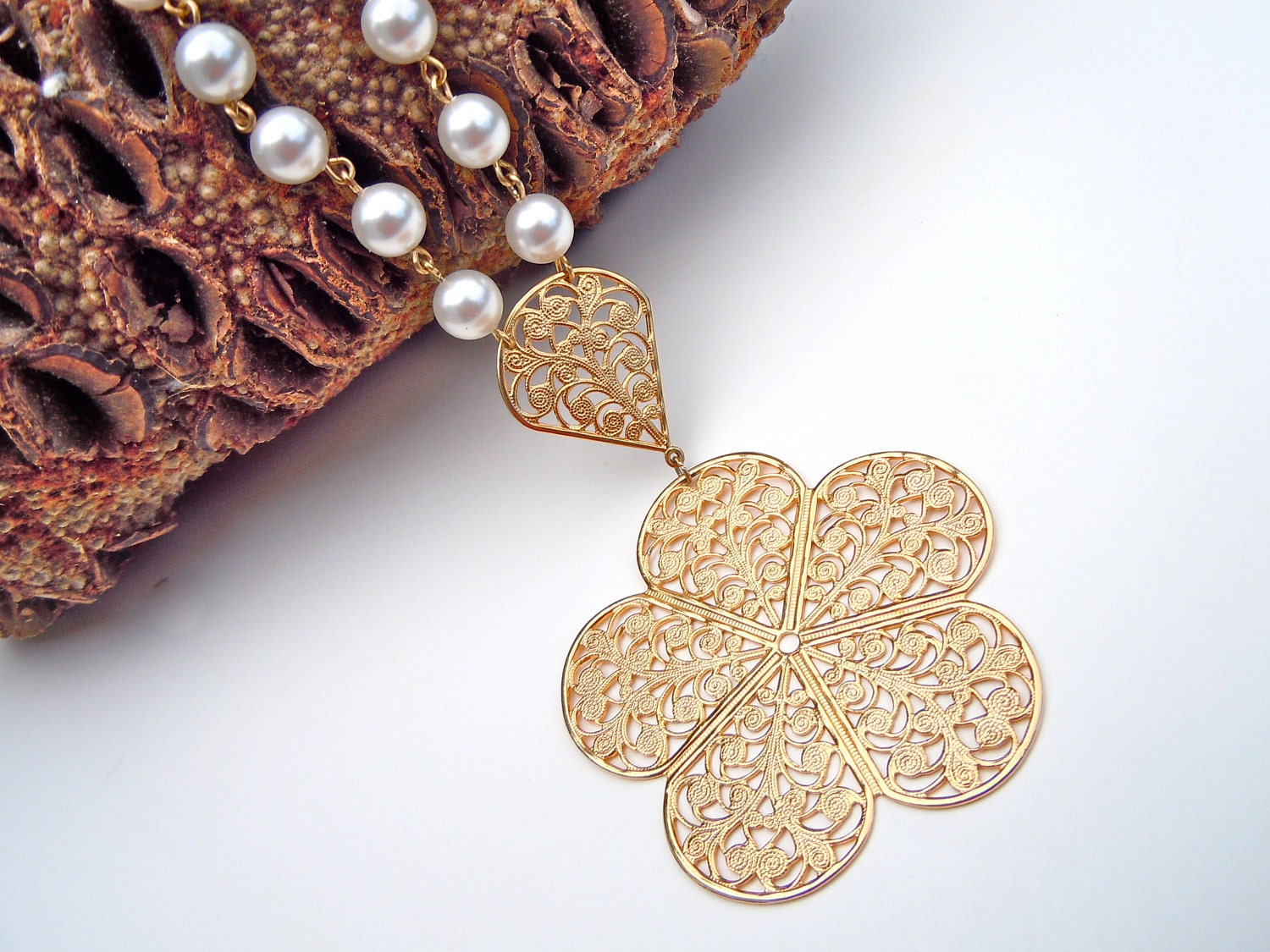 Bridal Pearl Necklace, Gold Filigree Flower, Beaded Necklace