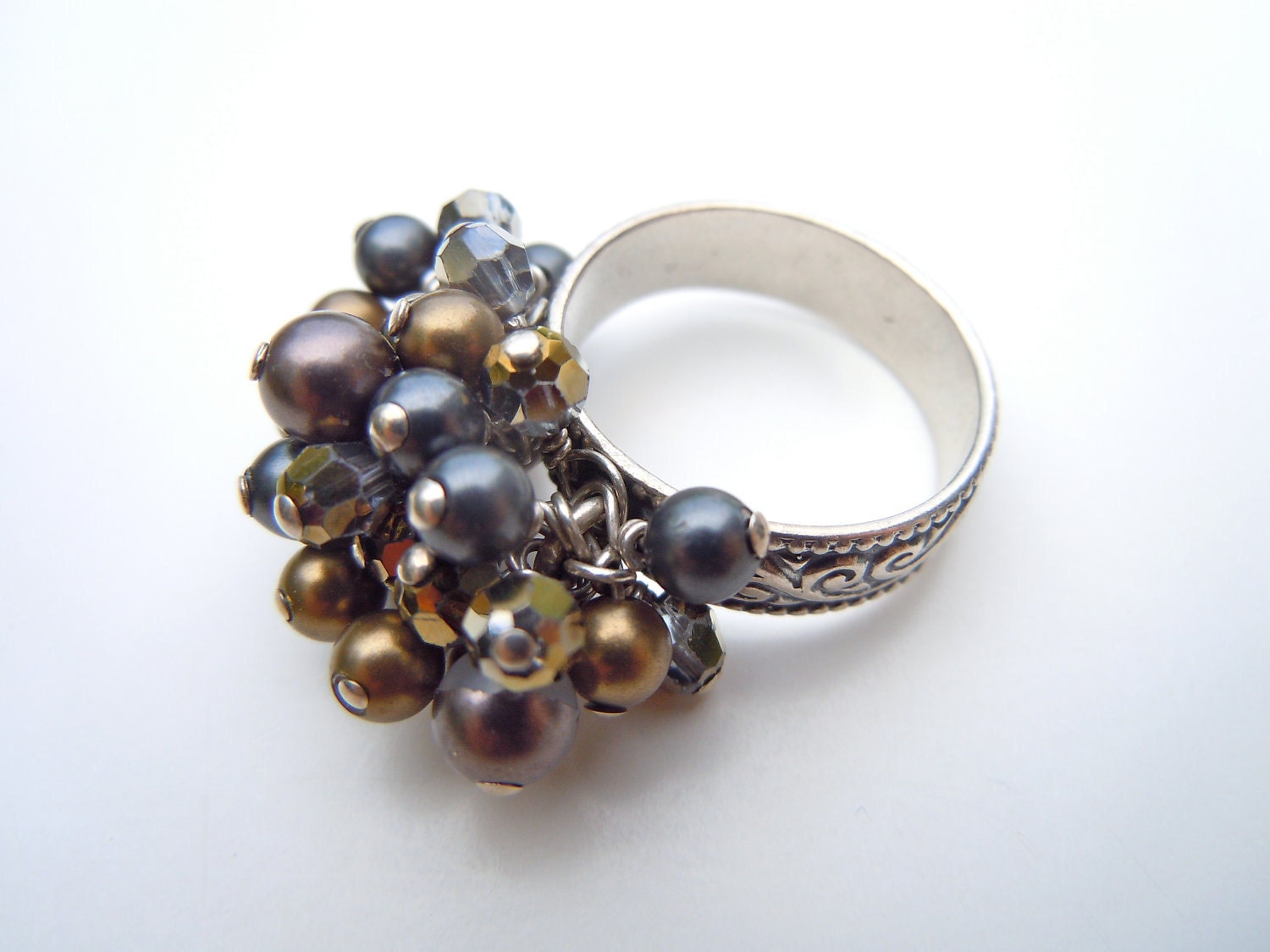 Sterling Crystal Ring,  Silver Etched Ring, Gold Silver Bronze, Size 7, DRASTICALLY REDUCED