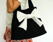 SALE Black Shoulder Bag in Hemp/Cotton / Bow Tote / Diaper bag / Handbag / Everyday bag / Cute