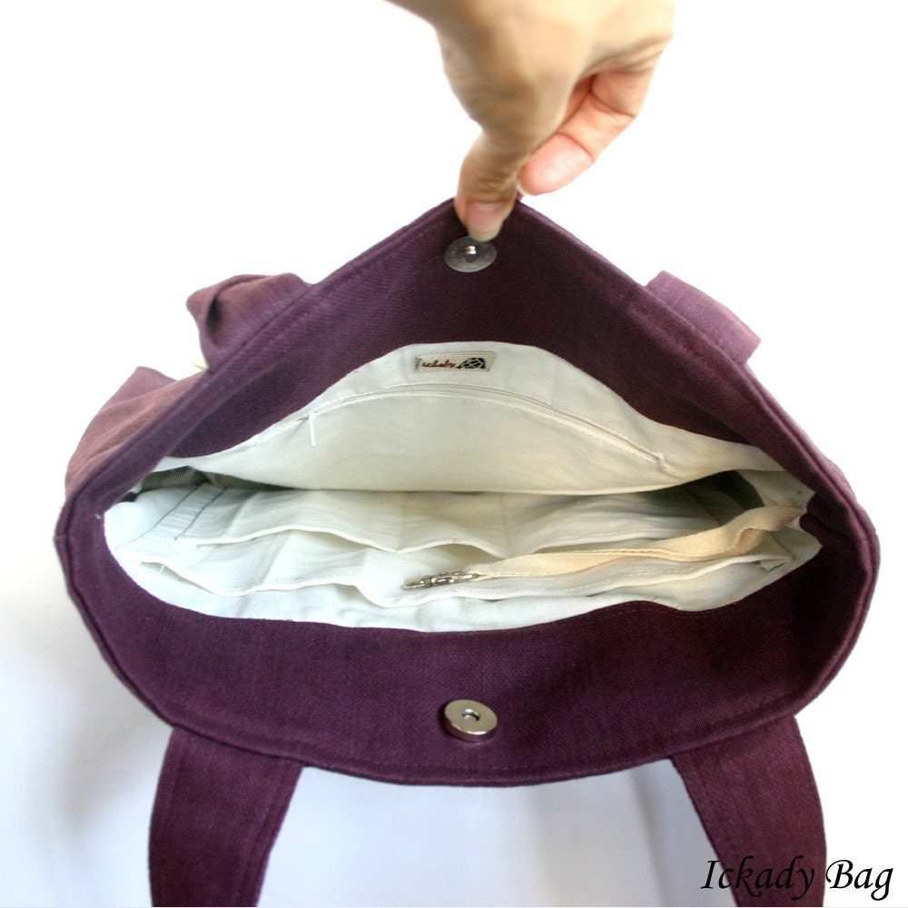 Last One - Deep Purple / Plum Pleated Hemp / Cotton Tote Bag with Big Bow - Ready to Ship