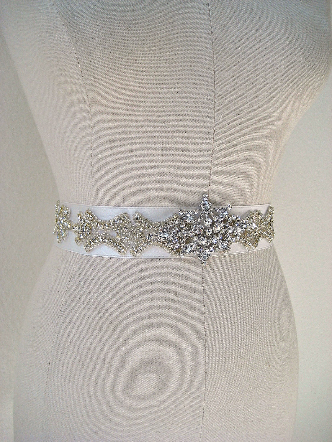 Bridal wedding beaded crystal sash/belt with exquisite deco jewel center piece. DIAMANTE.