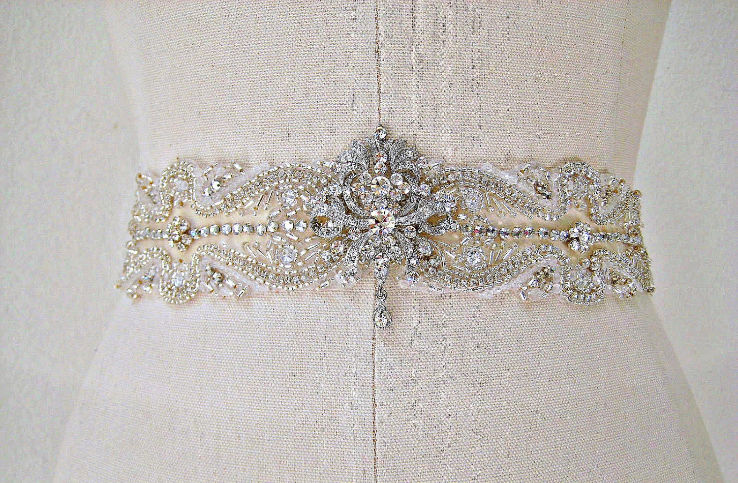 Elegant bridal beaded crystal rhinestone sash/belt. VINTAGE ROMANCE.