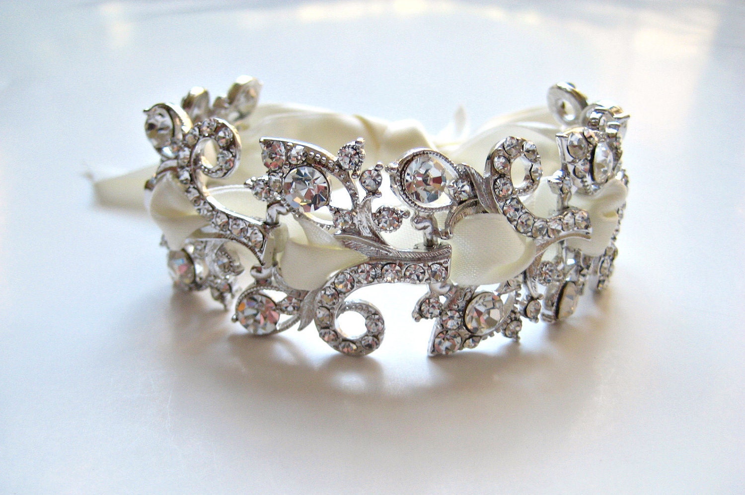 Bridal wedding elegant Swarovski crystal jewel wedding bracelet with laced ribbon. NOSTALGIC VINTAGE