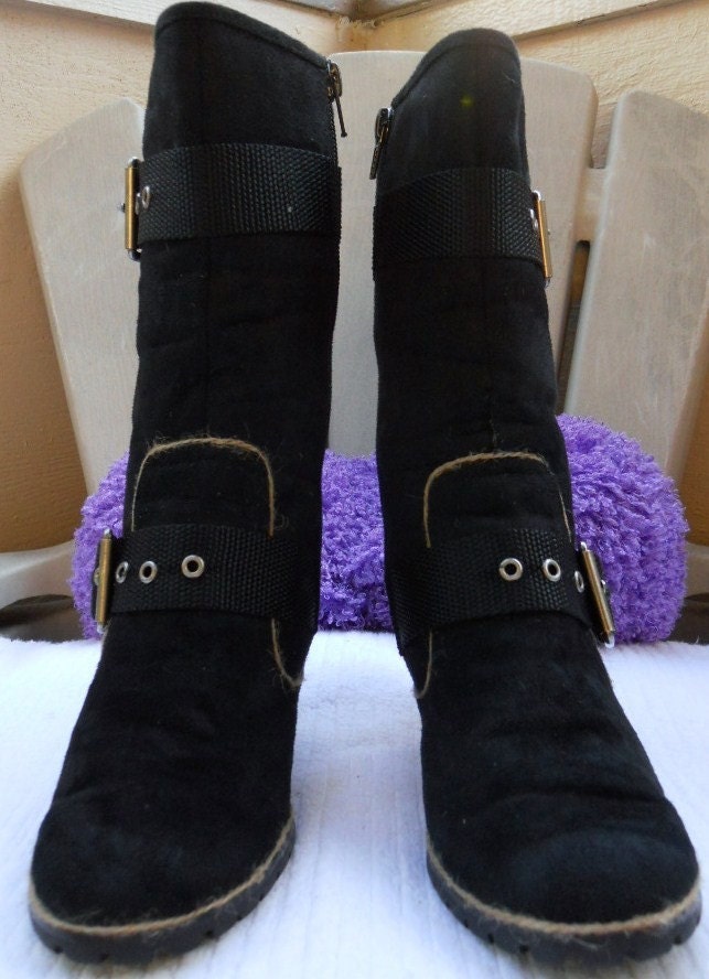 UPCYCLED Blk Embellished Mid Calf Boots 6M