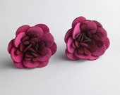 Fuchsia / Burgundy Fabric Flower Post Earrings in Sterling Silver, sz Large