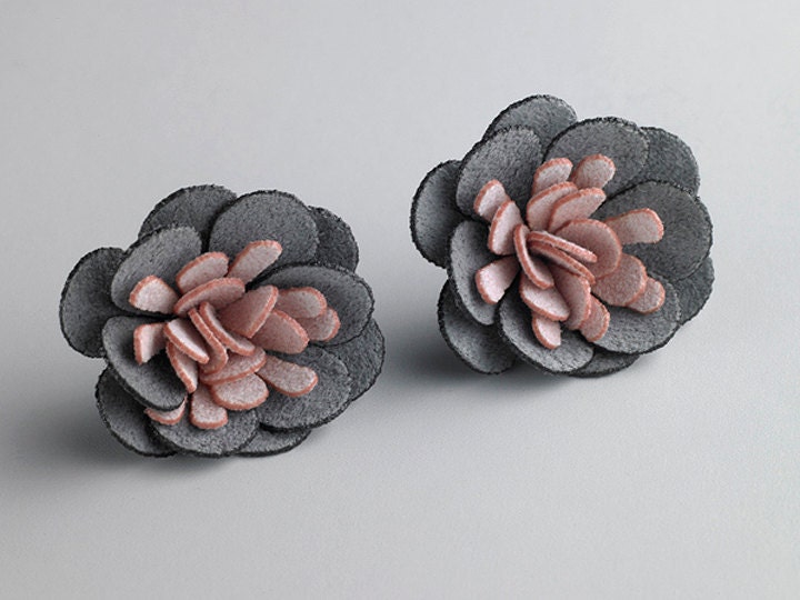 Smoke & Blush Fabric Flower Earrings in Sterling Silver, sz Large