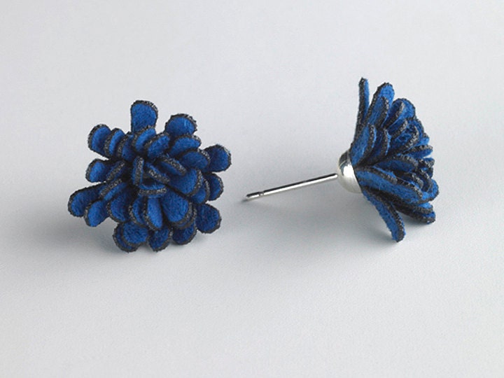 Cobalt Fabric Flower Post Earrings in Sterling Silver, sz Small