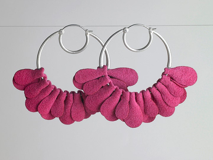 Fuchsia Flutter Hoop Earrings in Fabric & Sterling Silver