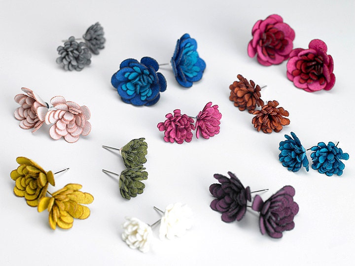 Cobalt Blue Small Fabric Flower Earrings in Sterling Silver