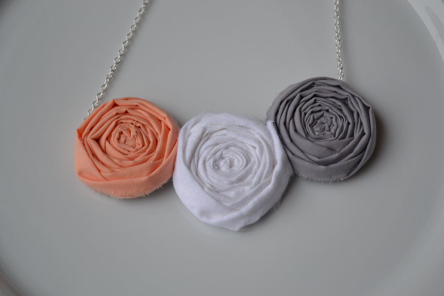 Trio of Grey, White, and Peach Rolled Rosette Necklace