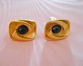 Cuff Links // 60s Cufflinks // Brushed Yellow Gold // Black Stones