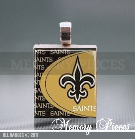 New Orleans Saints Football Scrabble Tile Pendant with Shiny Silver Ball Chain