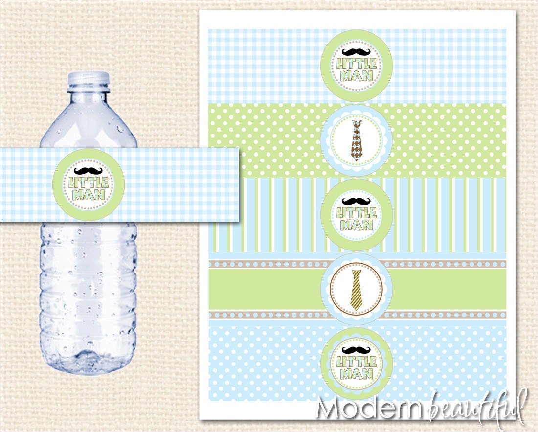 Moustache Water Bottle Labels Little Man Mustache Tie Green Blue Printable Il_170x135
