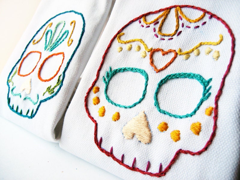 Day of the Dead Wedding Cloth Napkins embroidered sugar skulls