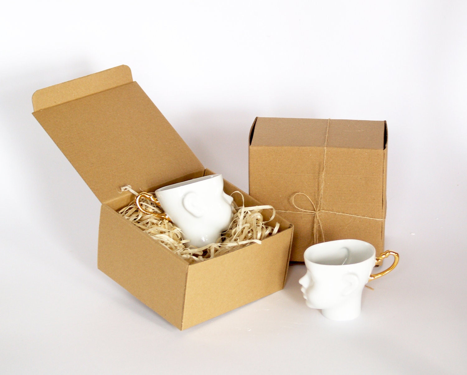Porcelain coffee mug, ceramic mug, white and gold, cups set, tea mug, china cup, set of two