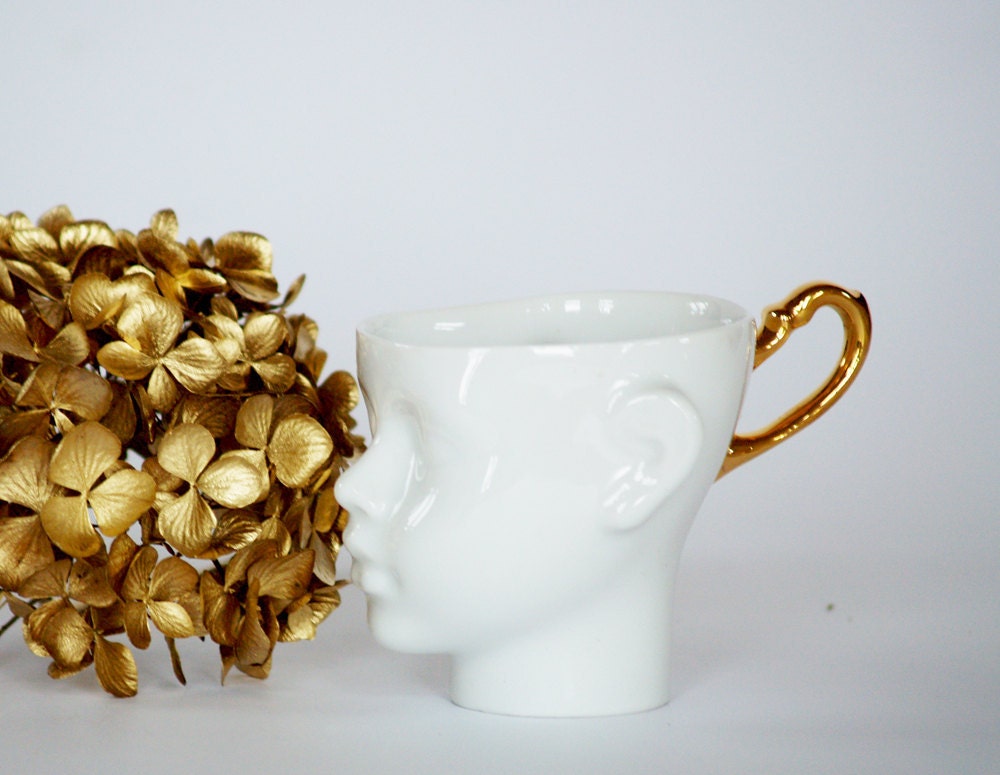 Doll head cup - white porcelain and gold artisan cup,