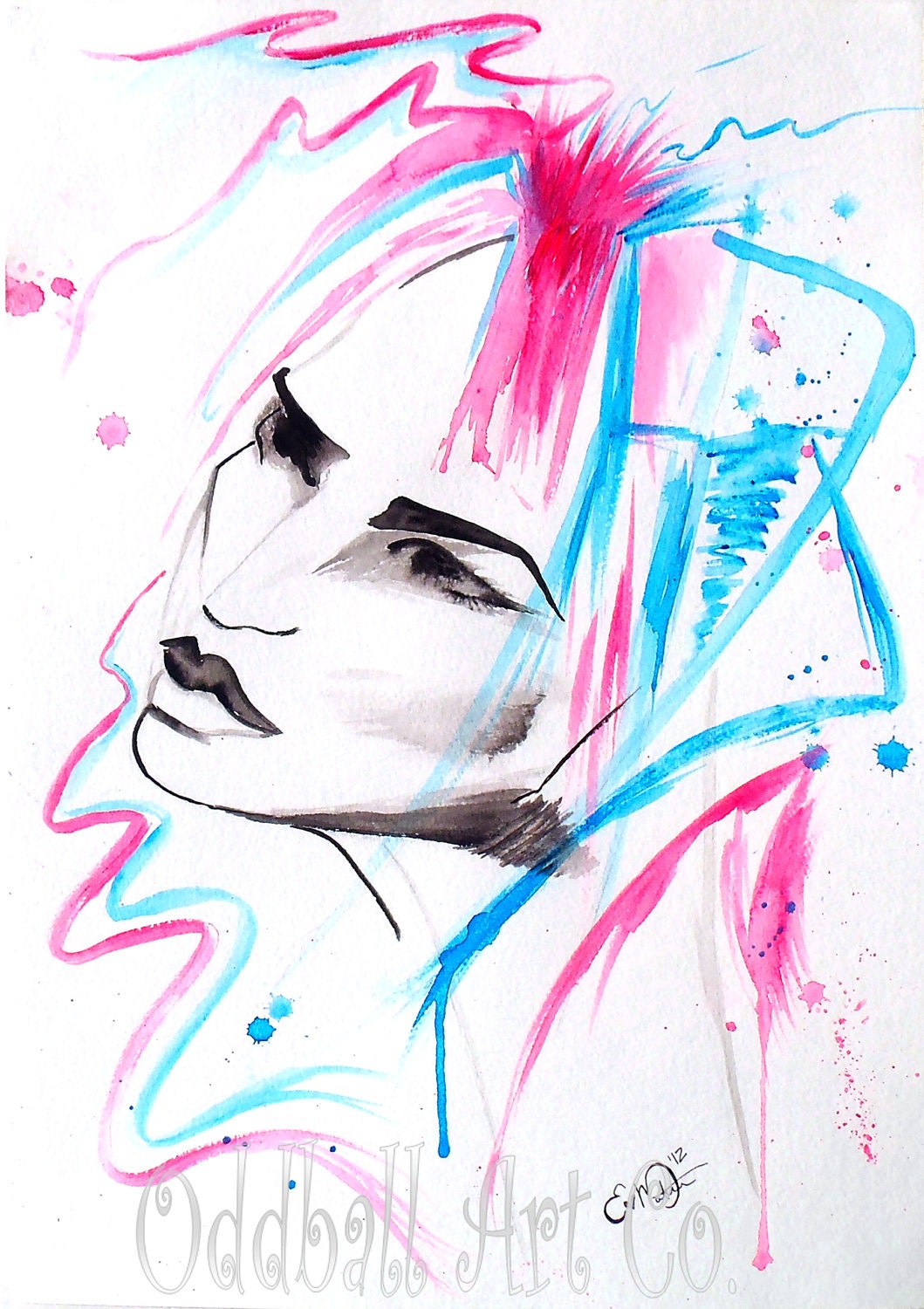 Art Print Signed Fashion Reproduction Cotton Candy Girl by Lizzy Love   apprx 8x10 ( Illustration Watercolor Painting Splatter Pink & Blue ) - OddballArtCo