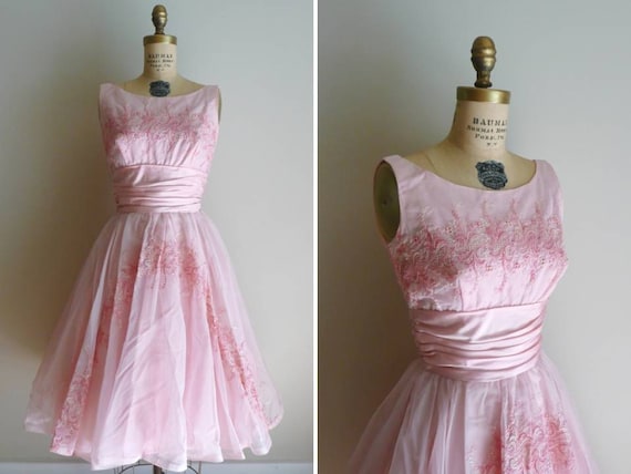 Vintage 1950s Dress Embroidered Pink Party Dress