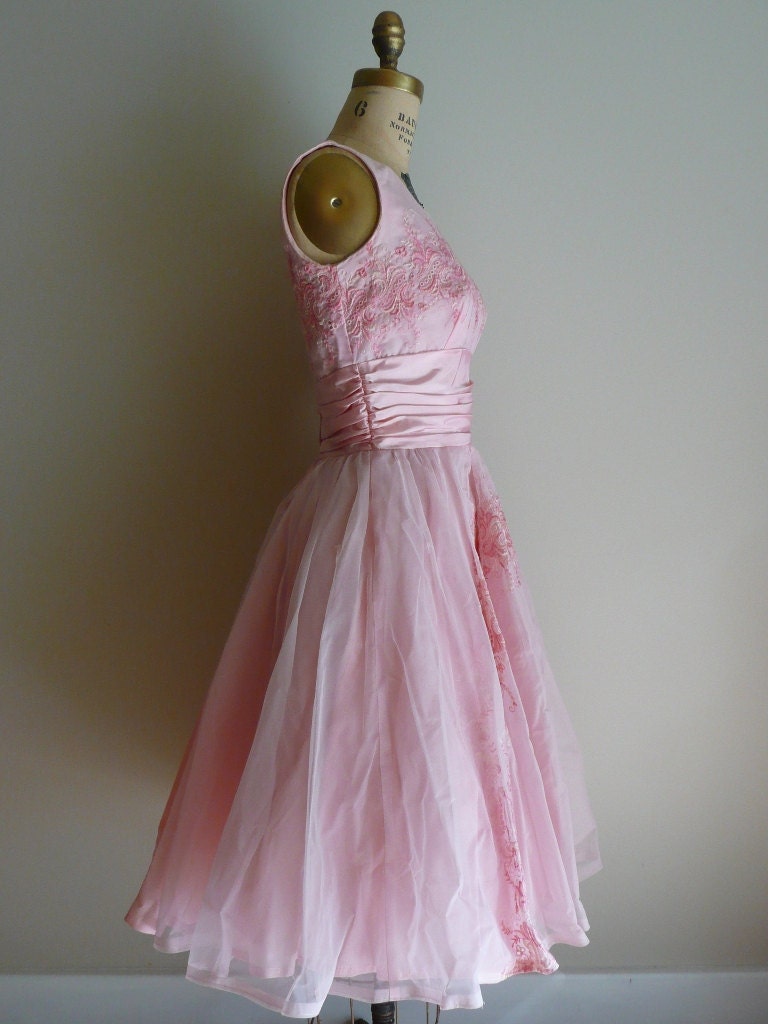 Vintage 1950s Dress Embroidered Pink Party Dress