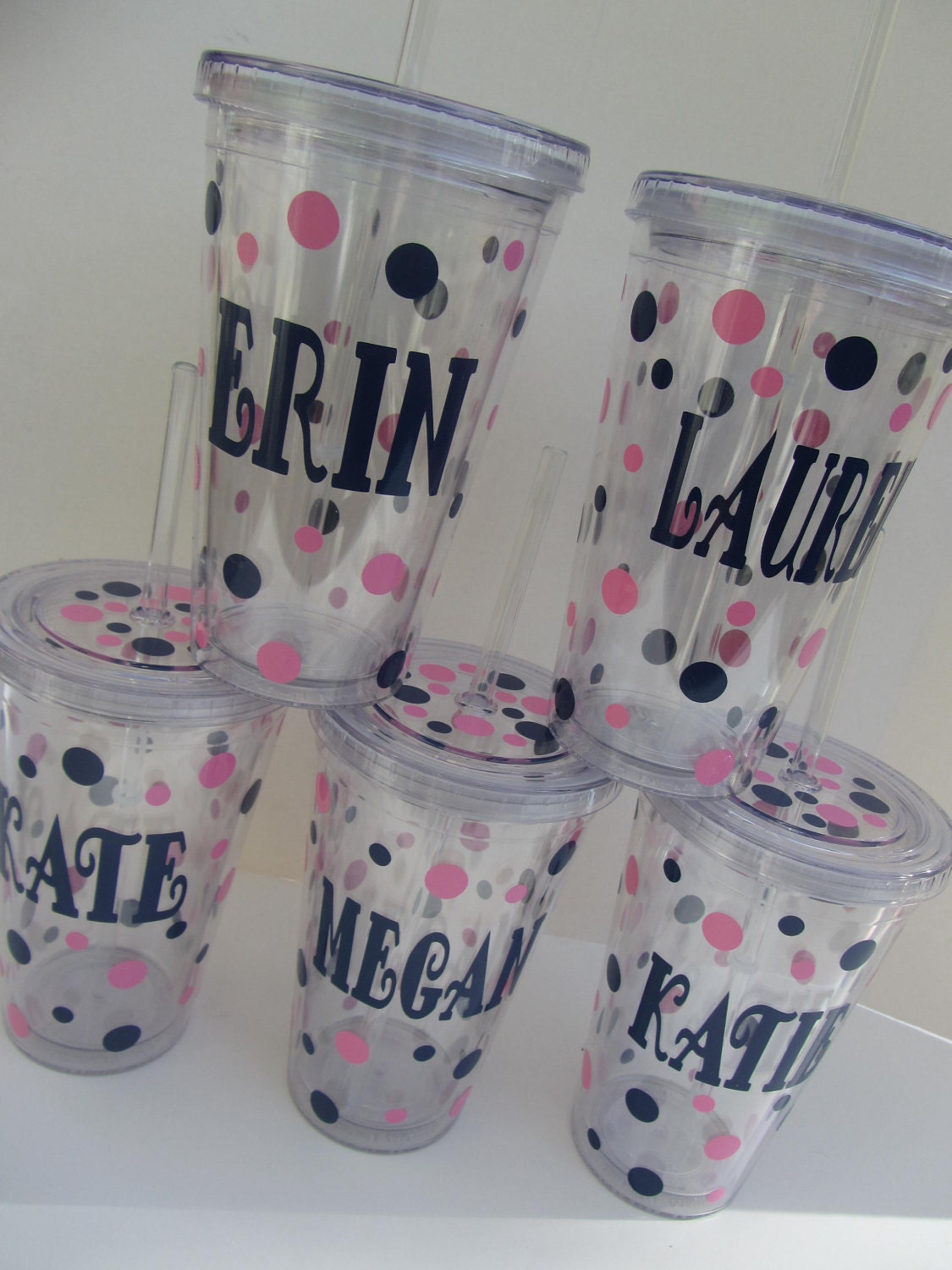 Personalized acrylic tumbler with lid- polka dots
