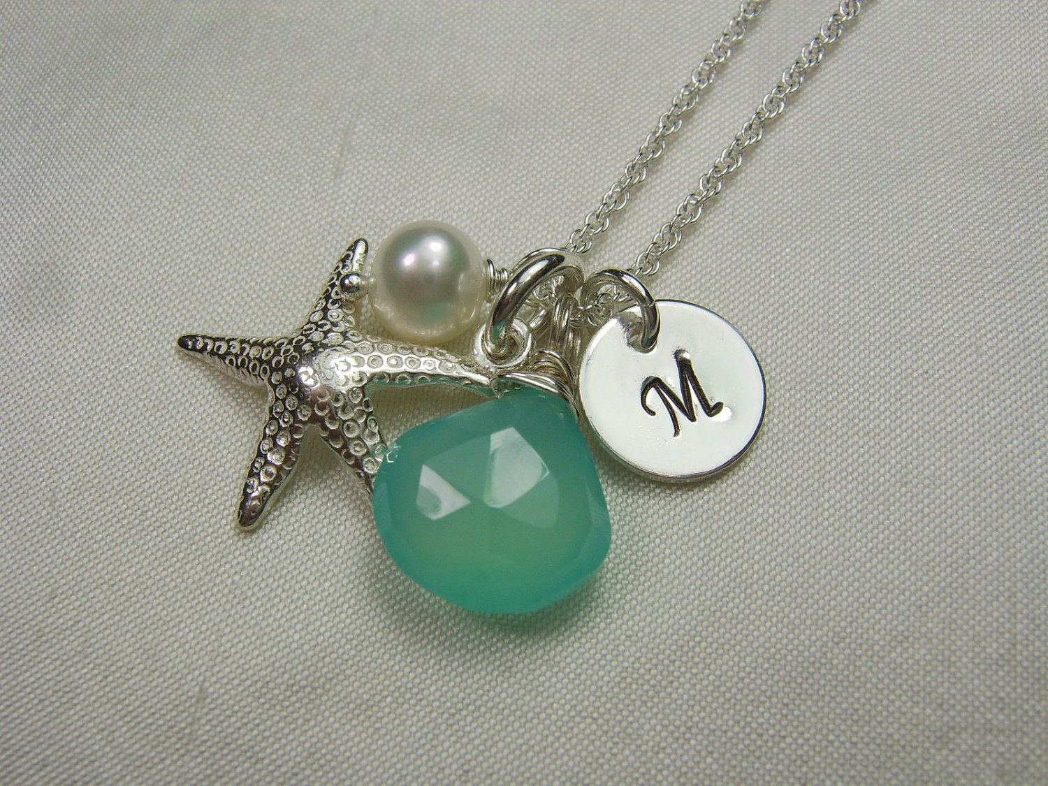 Initial Necklace  - Chalcedony Pearl Starfish Beach Necklace