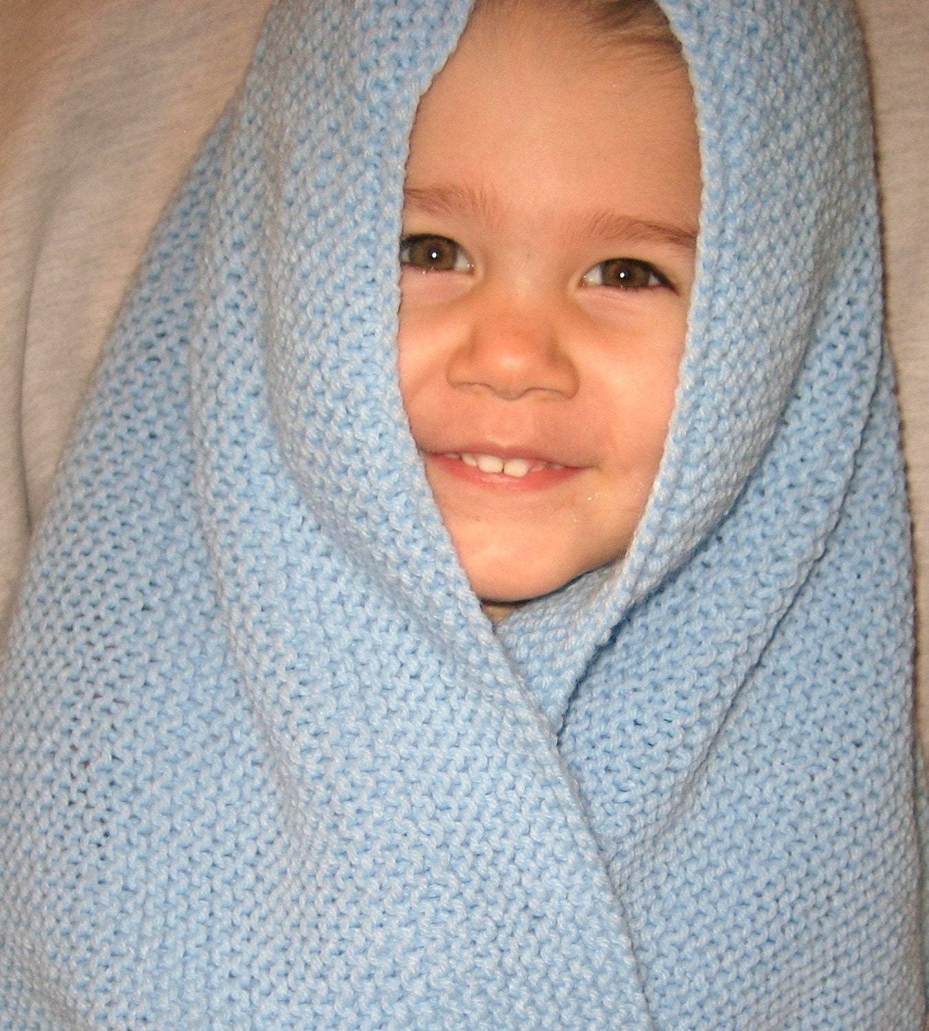 Hand Knit Baby Blanket - Solid Light Blue in Knit Stitch