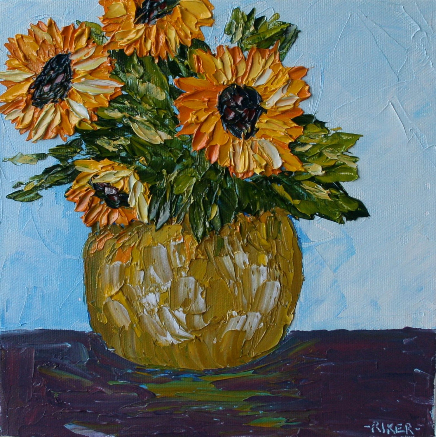 Sunflowers Impressionistic Impasto Original Oil Painting 8x8 on Canvas