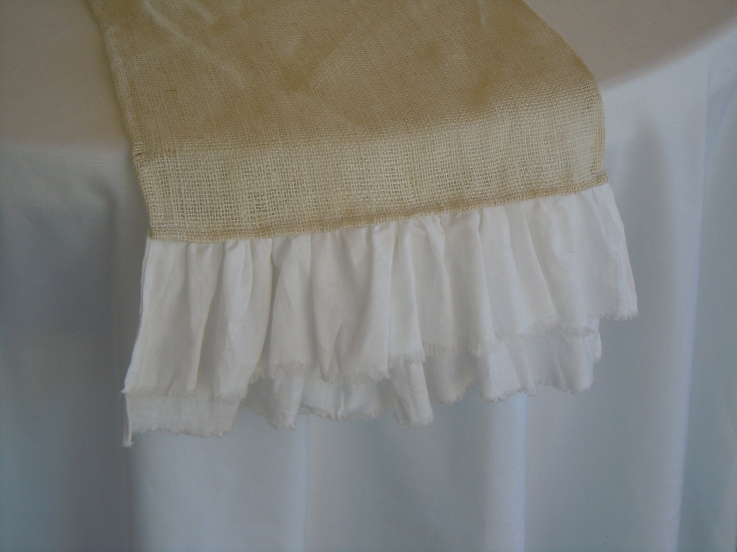 Burlap Table Runner with Shabby Frayed White Cotton Ruffles, Home Decor, Wedding, Party, Custom Order Available