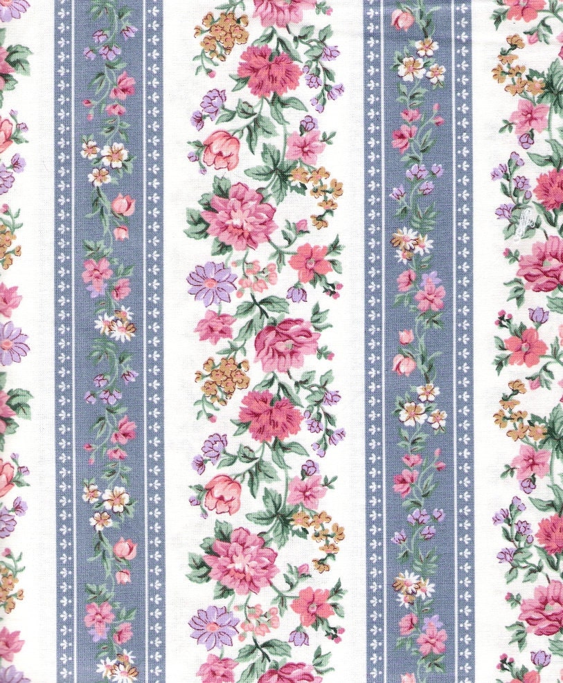 Cabbage Rose Fabric Dusty Blue Floral Fabric Screen Print Stripes 45" Cotton Fabric BTY, Craft Supplies YacketUSA