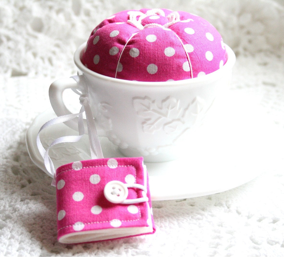 Milk Glass Tea Cup Pincushion Felt Needle Book
