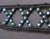 Black Lace Headband with Rhinestones and Satin Ribbon