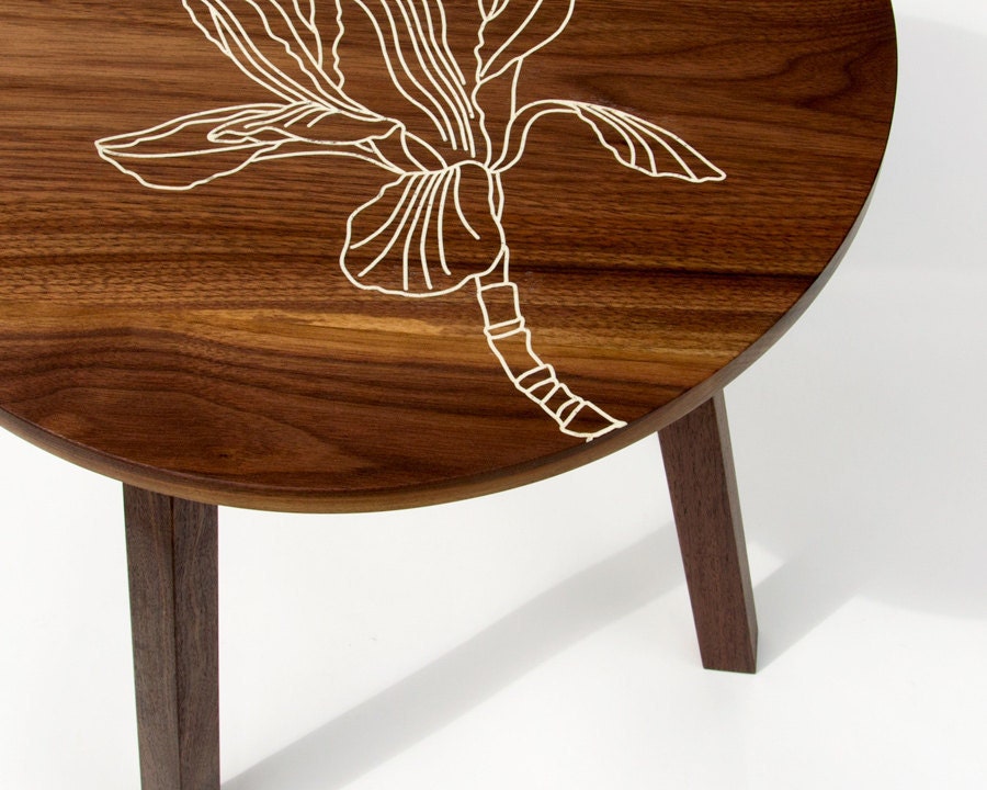 Modern Handmade Walnut Side Table with Inlaid Magnolia detail by Patrick Lajoie