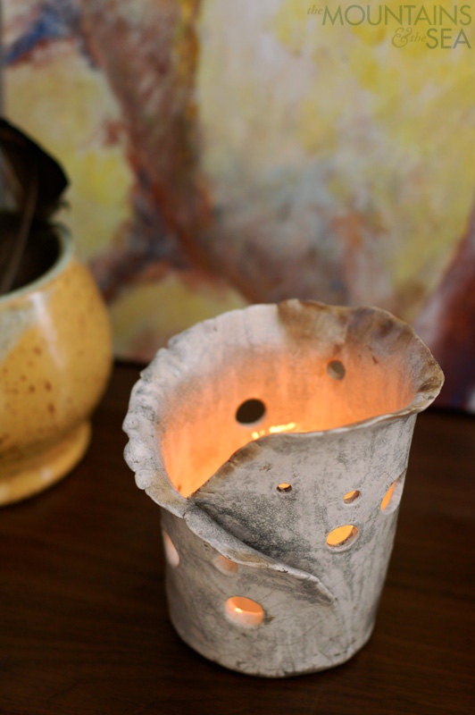 The Crackle Lantern - White Crackle Raku Candle Holder
