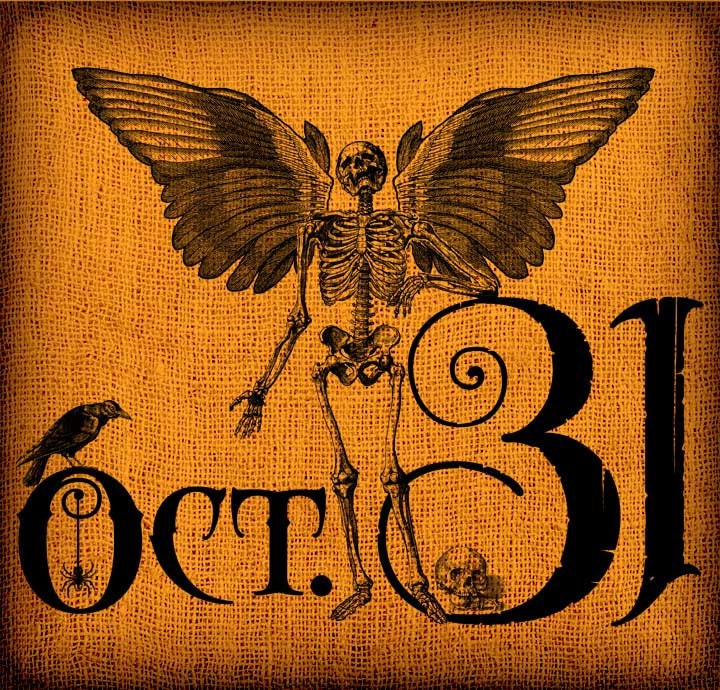 Halloween Winged Skeleton Crow October 31st Vintage Digital Collage Image Transfer Download jpeg or png 300 dpi for Pillows Bags Napkins