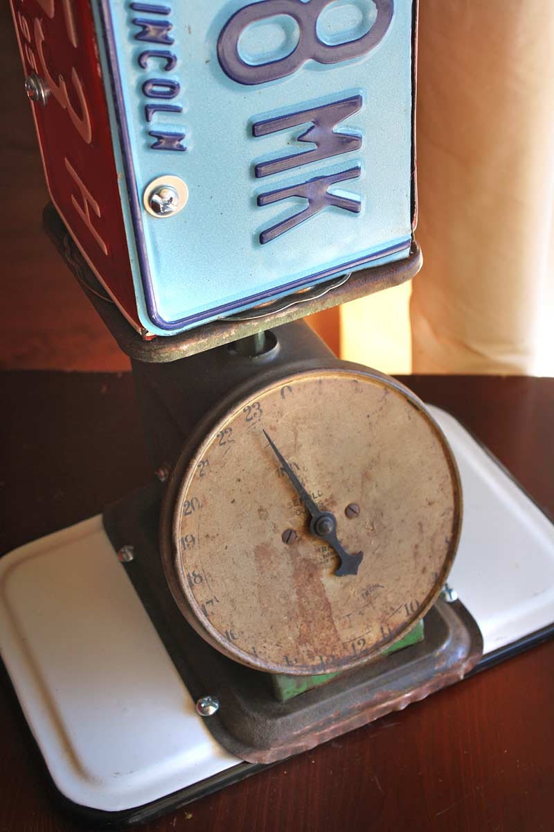 No. 5 Repurposed  Upcycled Lamp with License Plates Kitchen Postal Scale and Strainer Light Fixture of Found Objects