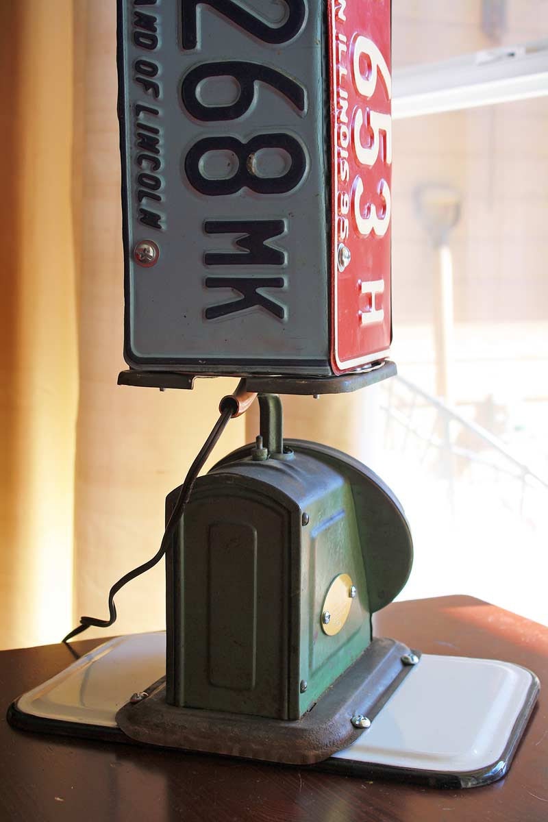 No. 5 Repurposed  Upcycled Lamp with License Plates Kitchen Postal Scale and Strainer Light Fixture of Found Objects