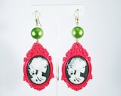ON SALE - Lady Death Cameo Dangle Earrings-Salmon and Green or Gray and Pink - You Choose